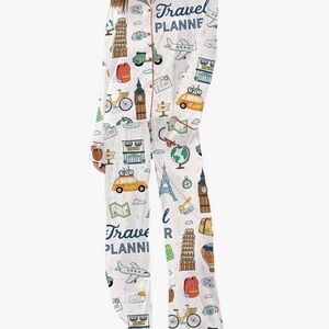 SHESHOW 2XL Pajama Set Long Sleeve Button down satin Travel Print